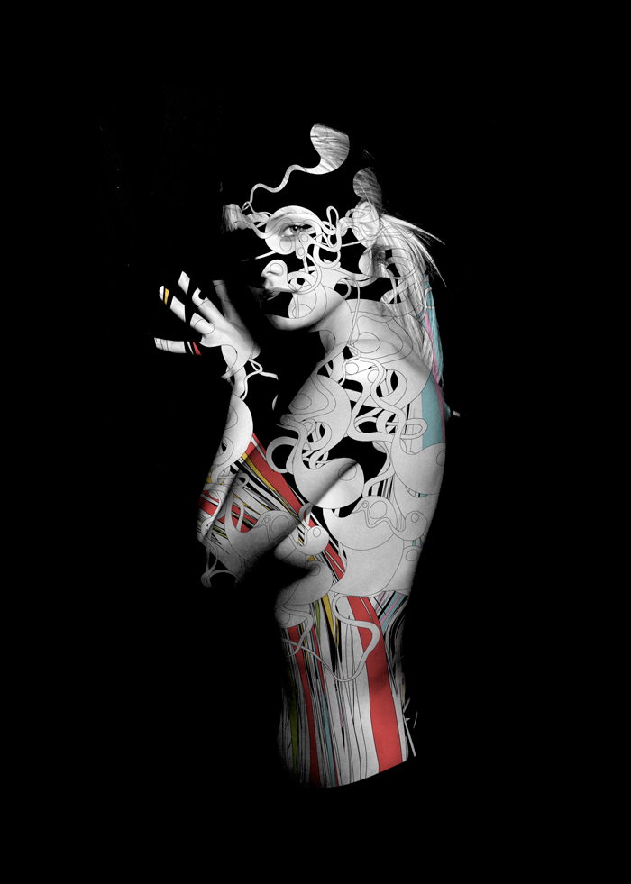 alberto seveso cuadro de mujer fotografiada e ilustrada en blanco y negro