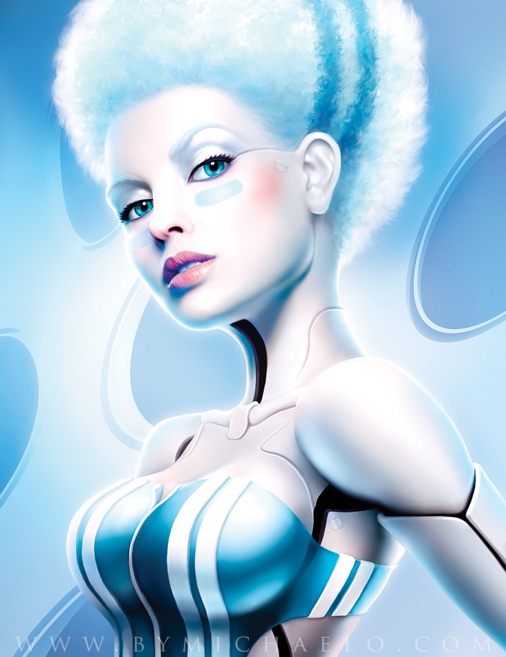 Ilustración digital de una chica con pelo blanco creada por michael oswald