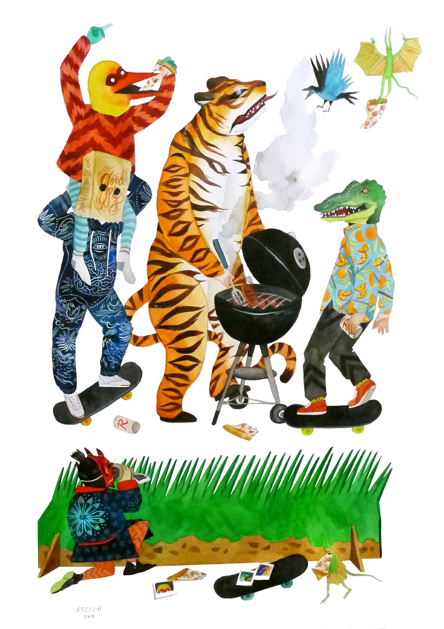 stacey rozich illustracion de animales montando una fiesta