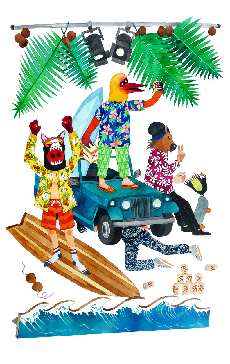 stacey rozich illustracion de animales haciendo surf y pasándolo bien