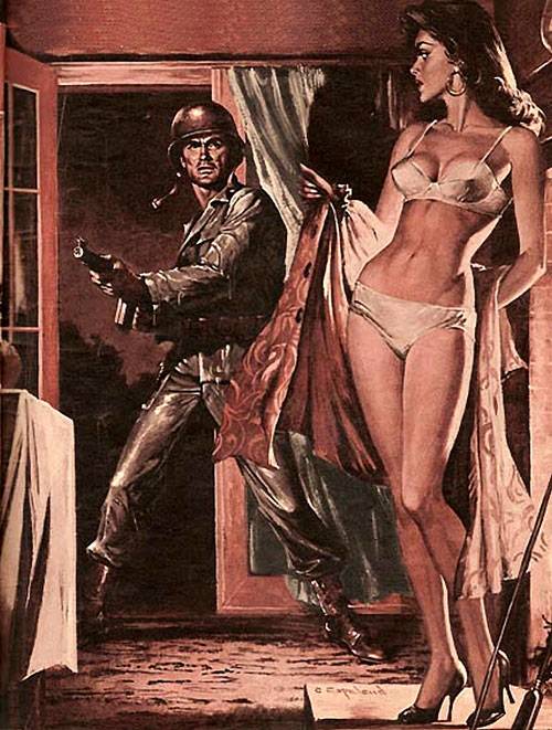 dubujo de un militar entrando a una habitación de una mujer en ropa interior hecha por Charles Copeland