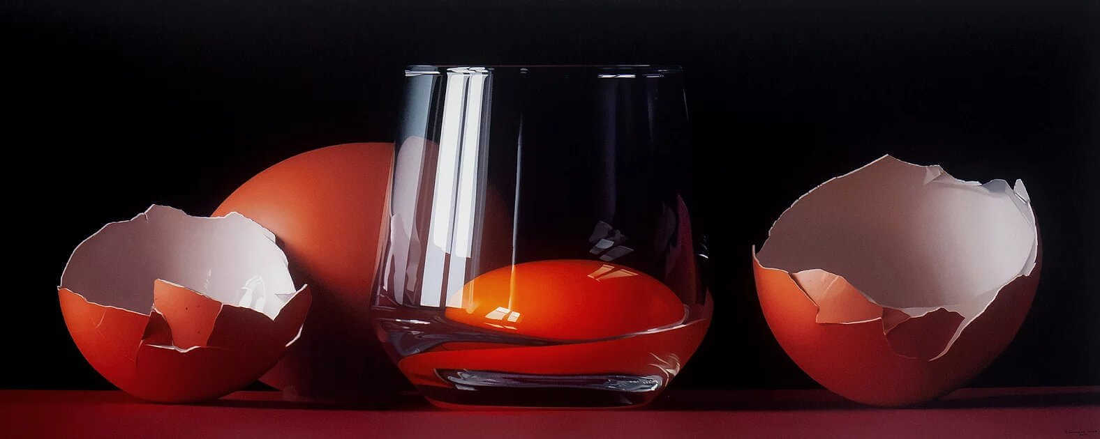 pintura realista huevos rotos en vaso