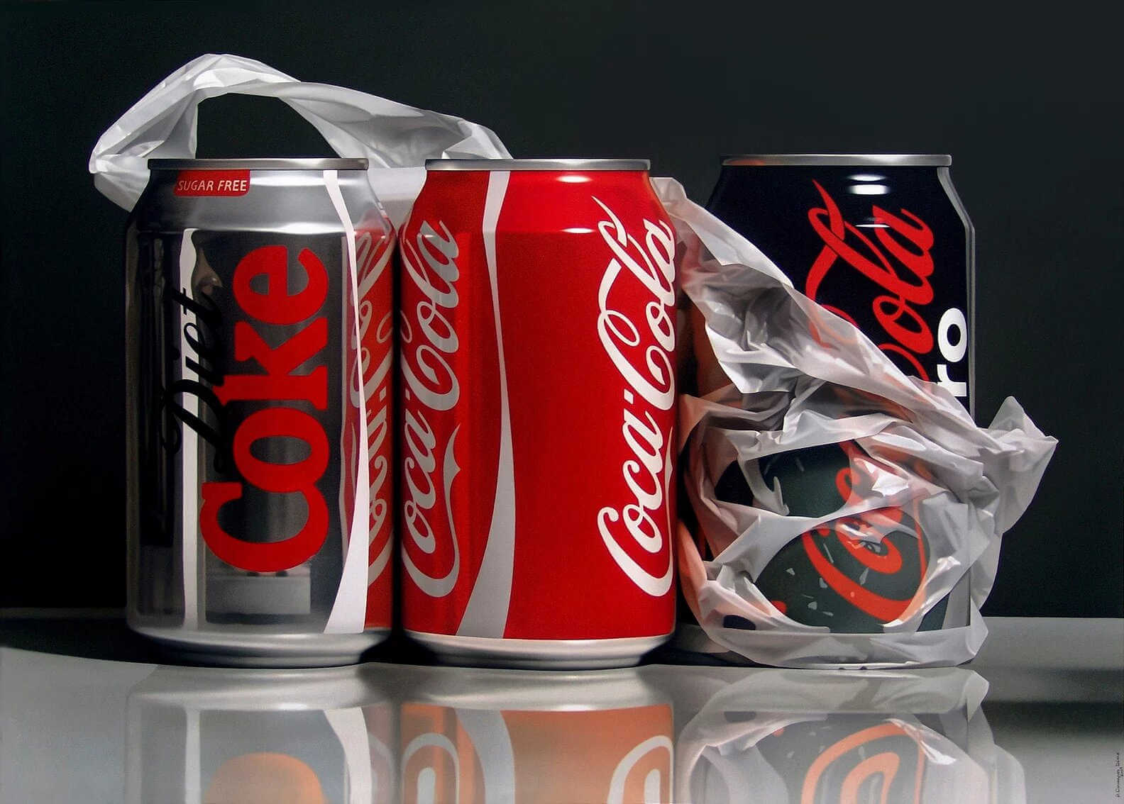 Pintura hiperrealista de latas de coca cola