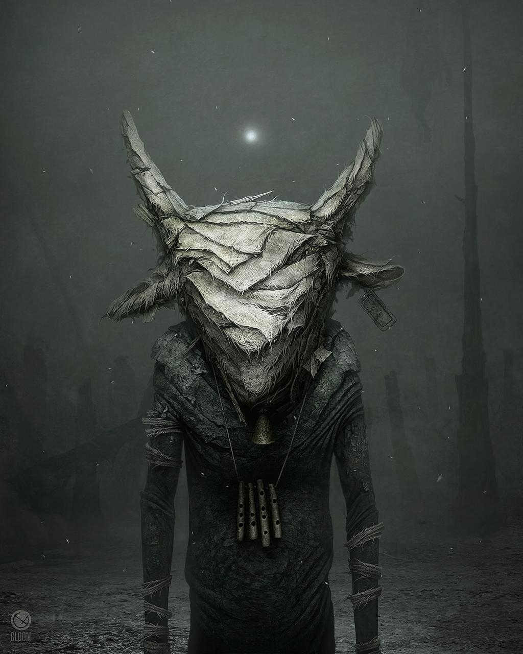 Dibujo de ser oscuro con cabeza de cabra