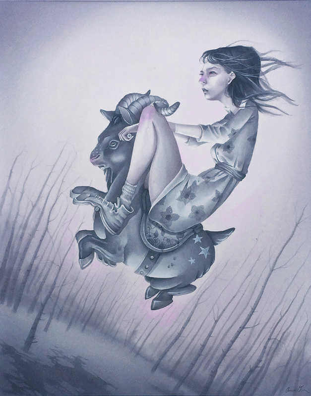 ilustración de annie owens de niña montando en una cabra