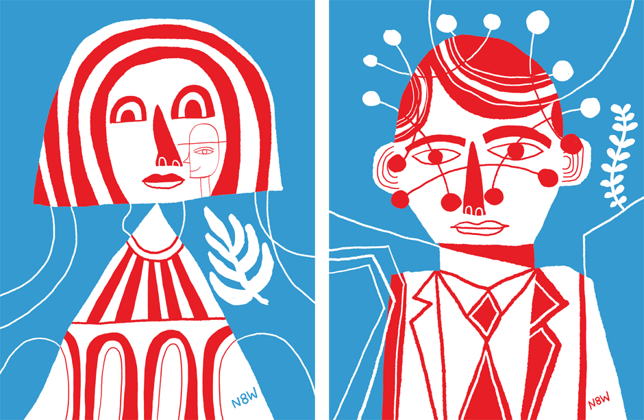 Mujer y hombre en ilustración con colores rojos y azul