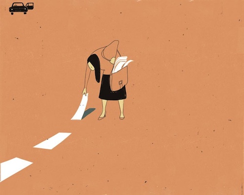 Ilustración de alessandro Gottardo de mujer pintando una carretera