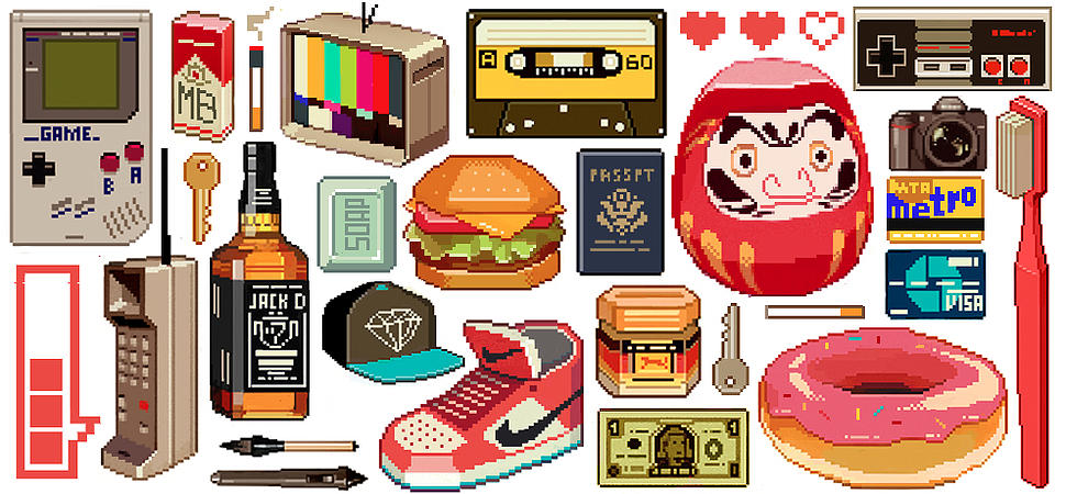 Objetos pixel art ilustrados por sachin-teng