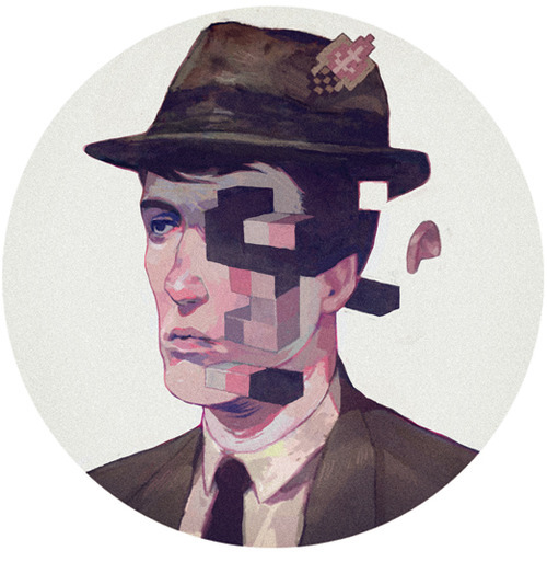 Ilustración de la cara de un hombre que conbina el pixel art y la ilustración tradicional