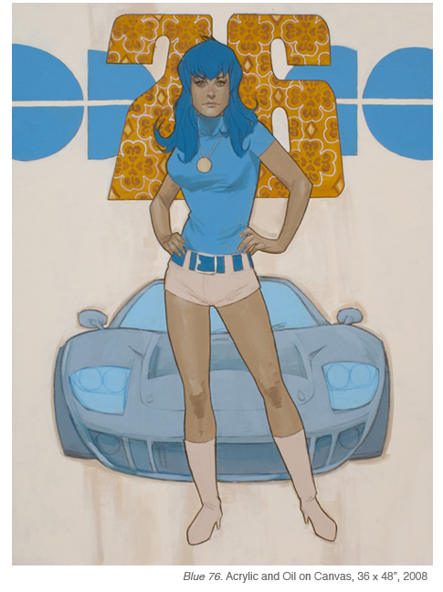 Ilustración con estilo retro con una mujer delante de un coche de carreras