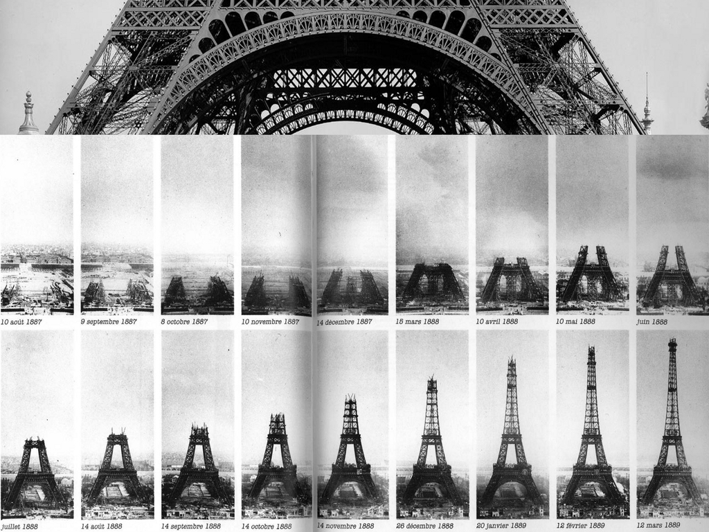 Mosaico de imágenes de la construcción de la torrer eiffel