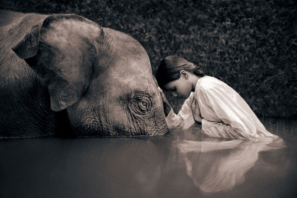 Niña en el agua delante de un elefante de Gregory Colbert