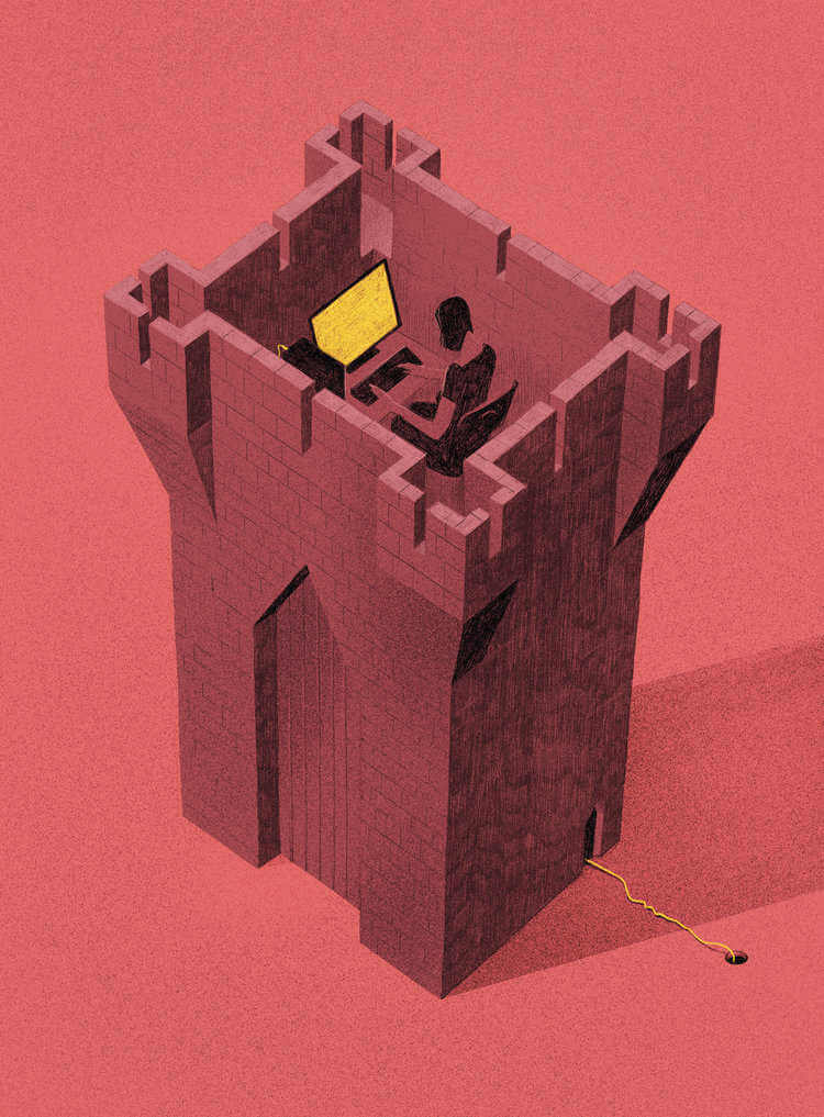 ilustracion satirica encerrados en una torre de castillo