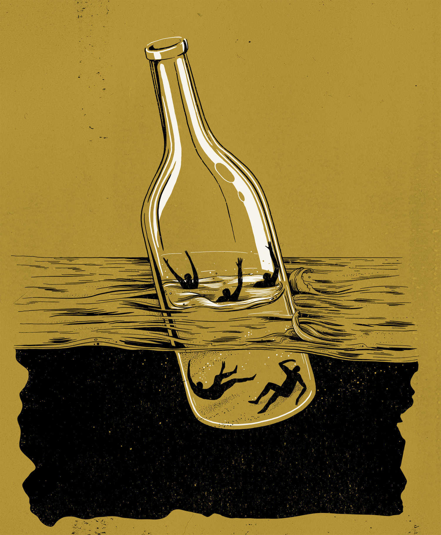 ilustracion satirica ahogados en una botella