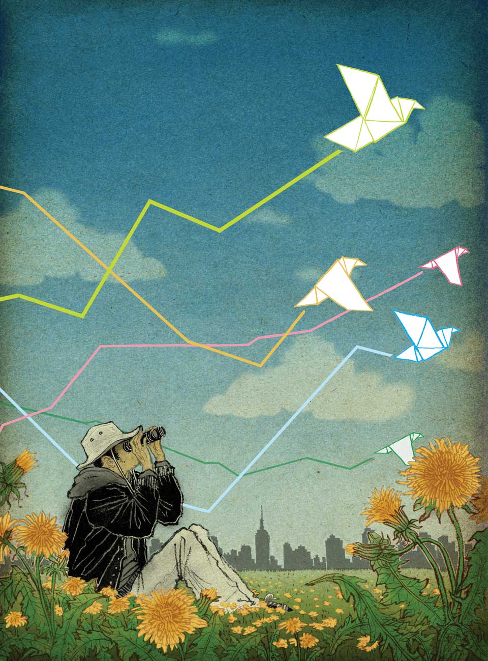 Ilustración de un hombre mirando por prismaticos de yuko shimizu 