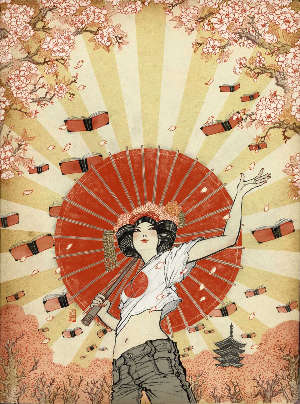 Dibujo de chica japonesa lanzando libros
