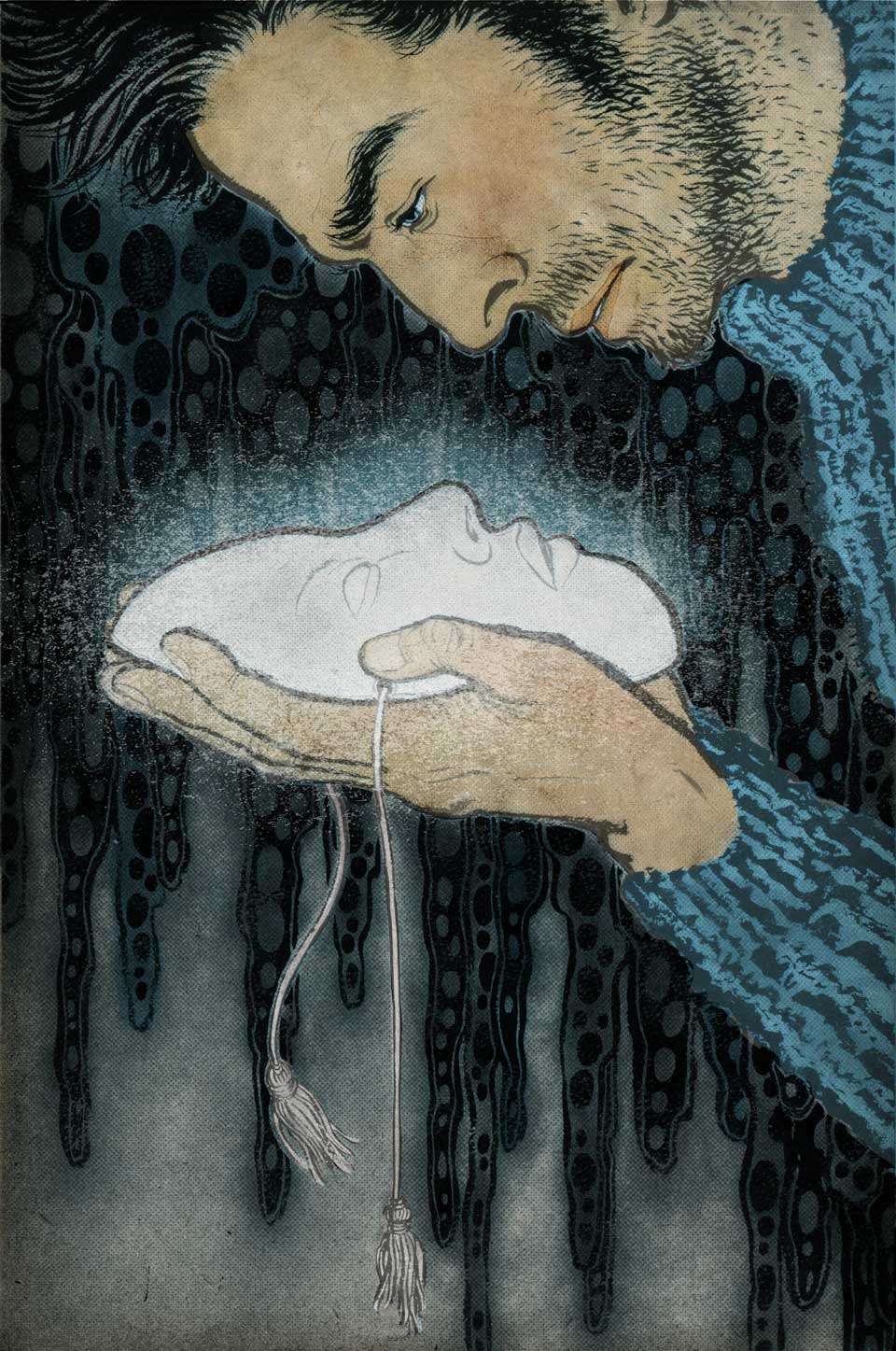 Ilustracion de un hombre mirando una mascara