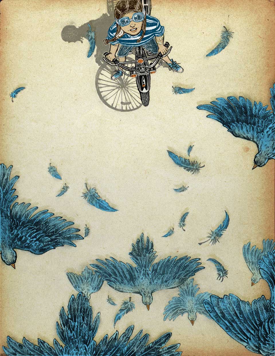Dibujo de yuko shimizu con una niña mirando al cielo montada en una bicicleta