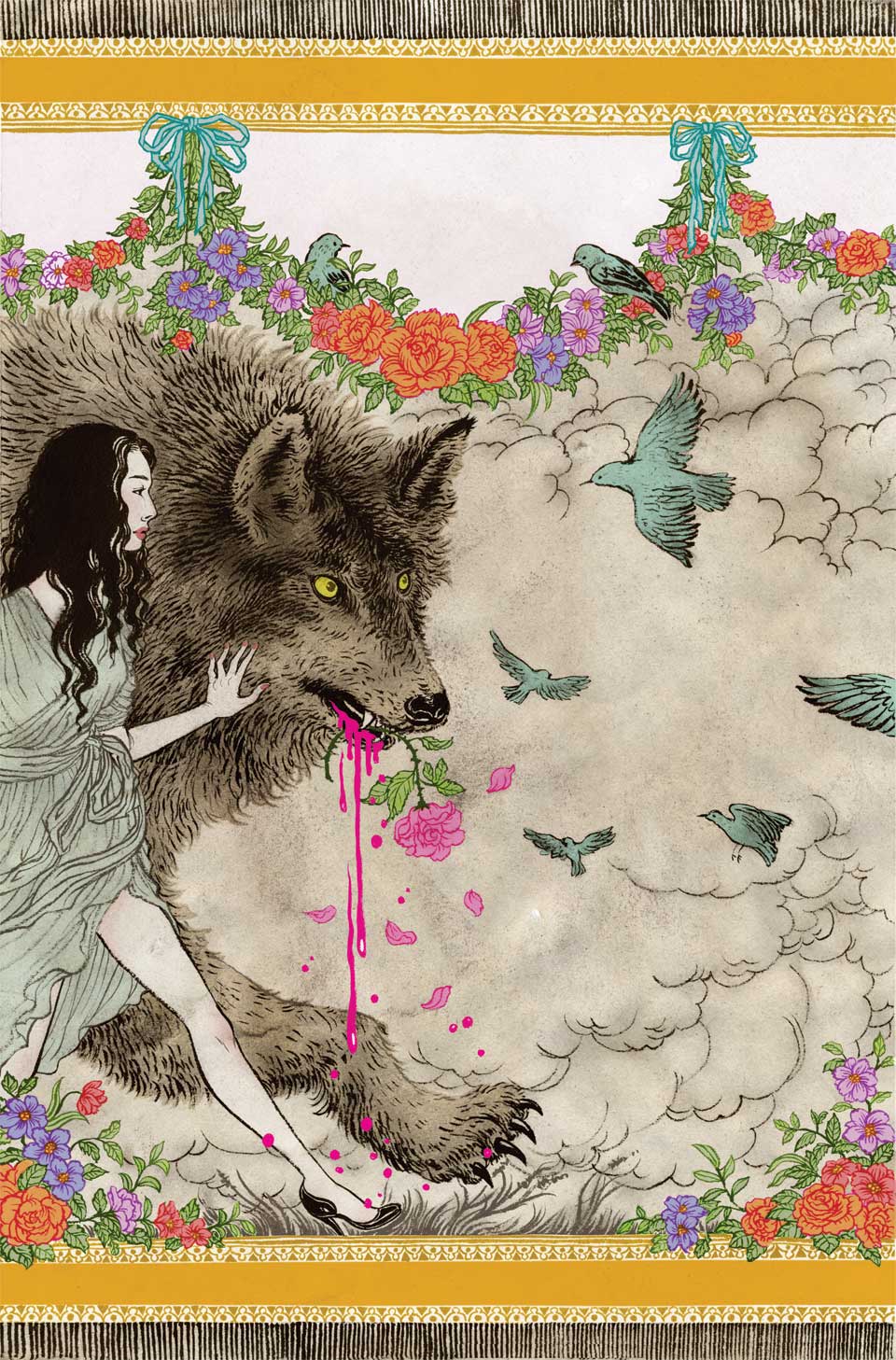 Ilustración de yuko shimizu de una mujer con un lobo ensangrentado