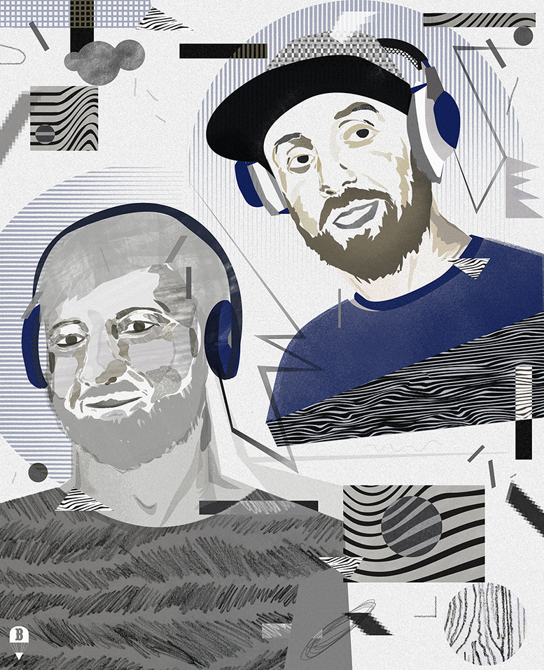 Ilustración de dos chicos oyendo musica