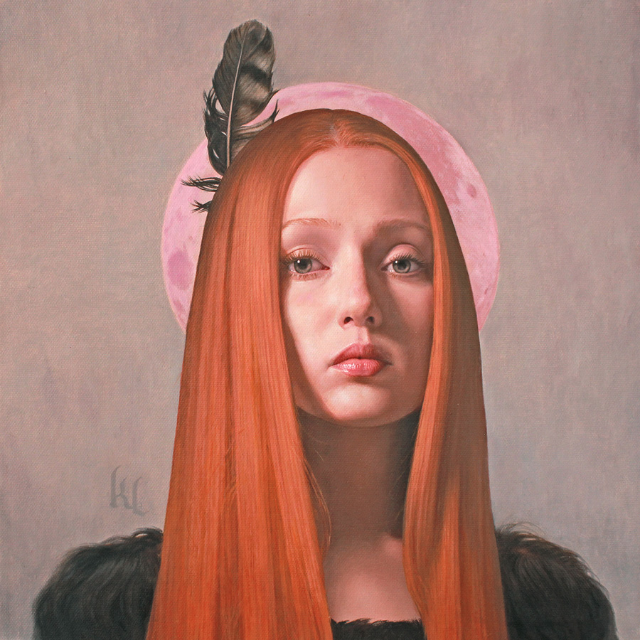 Pintura al çoleo de una chica con una pluma en la cabeza pintada por Kris lewis 