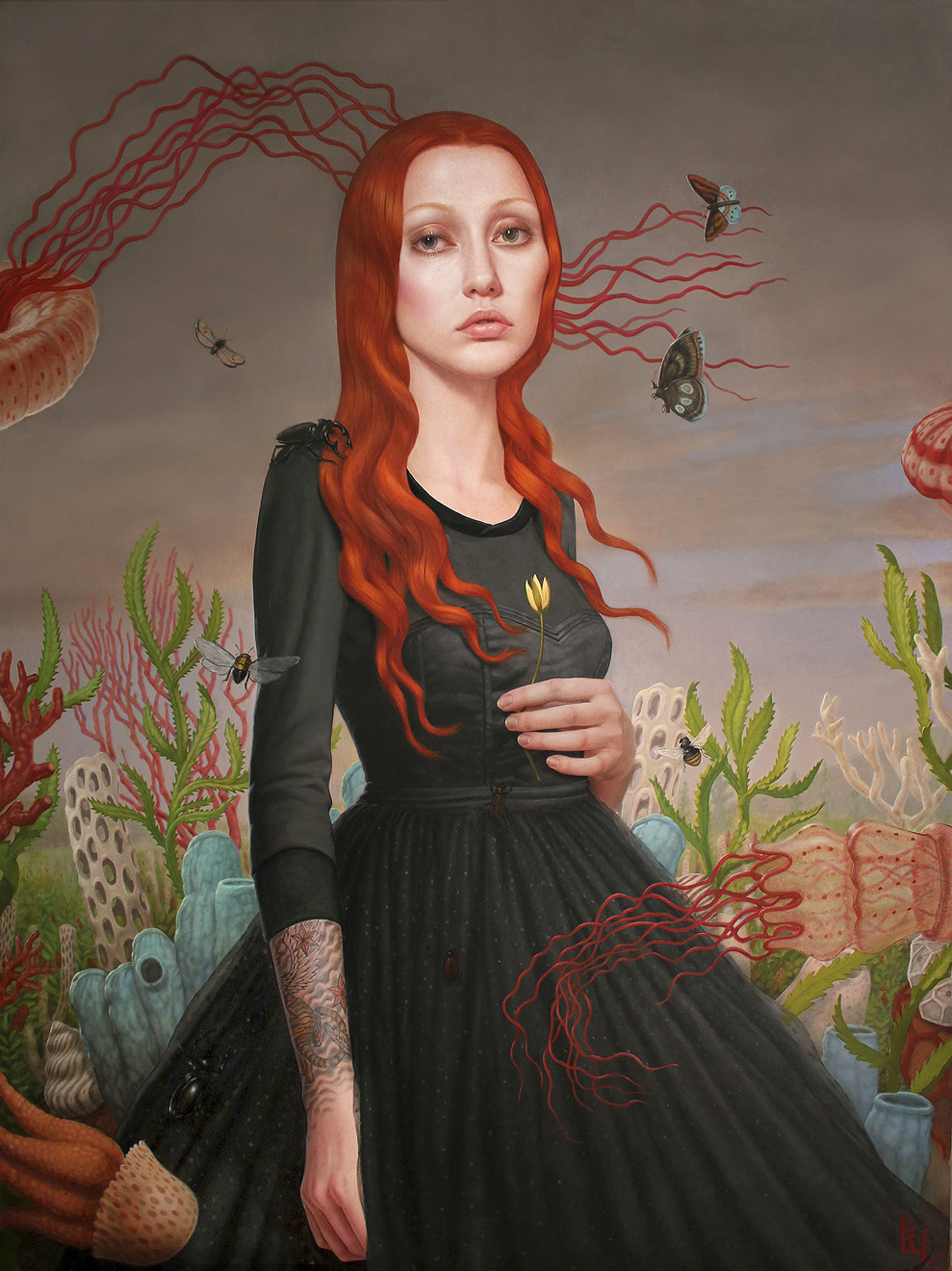 Pintura al oleo de una mujer tatuada entre naturaleza po Kris lewis 