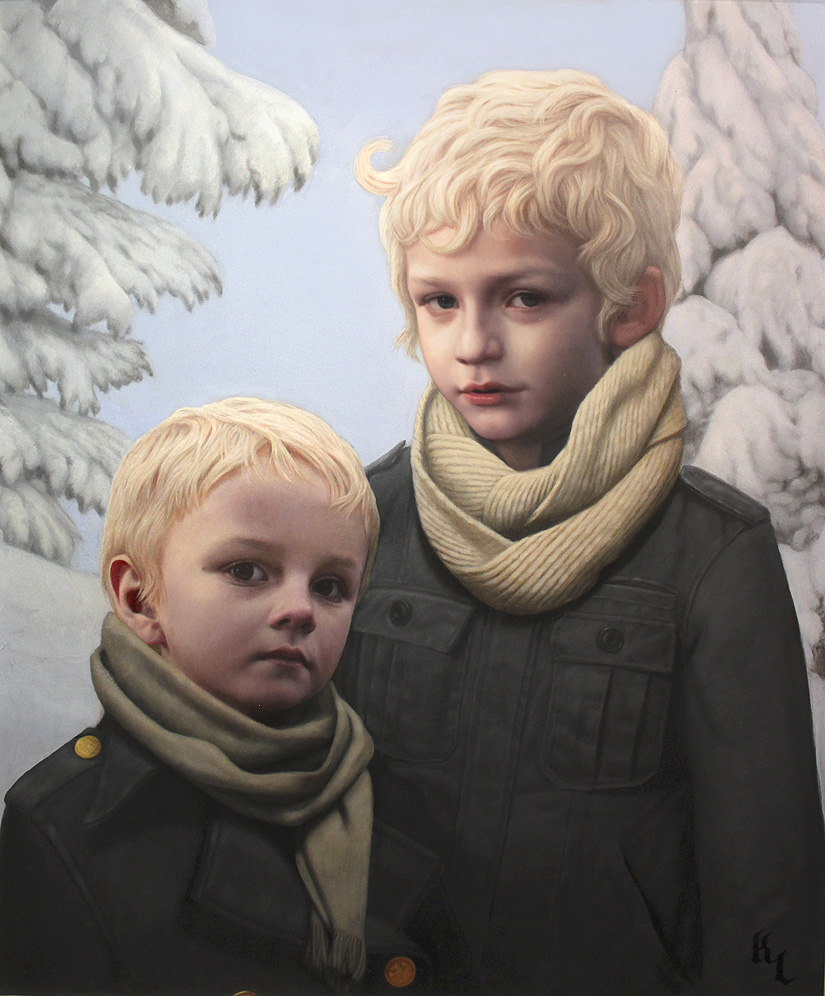 Pintura al oleo de dos niños rubios entre nieve