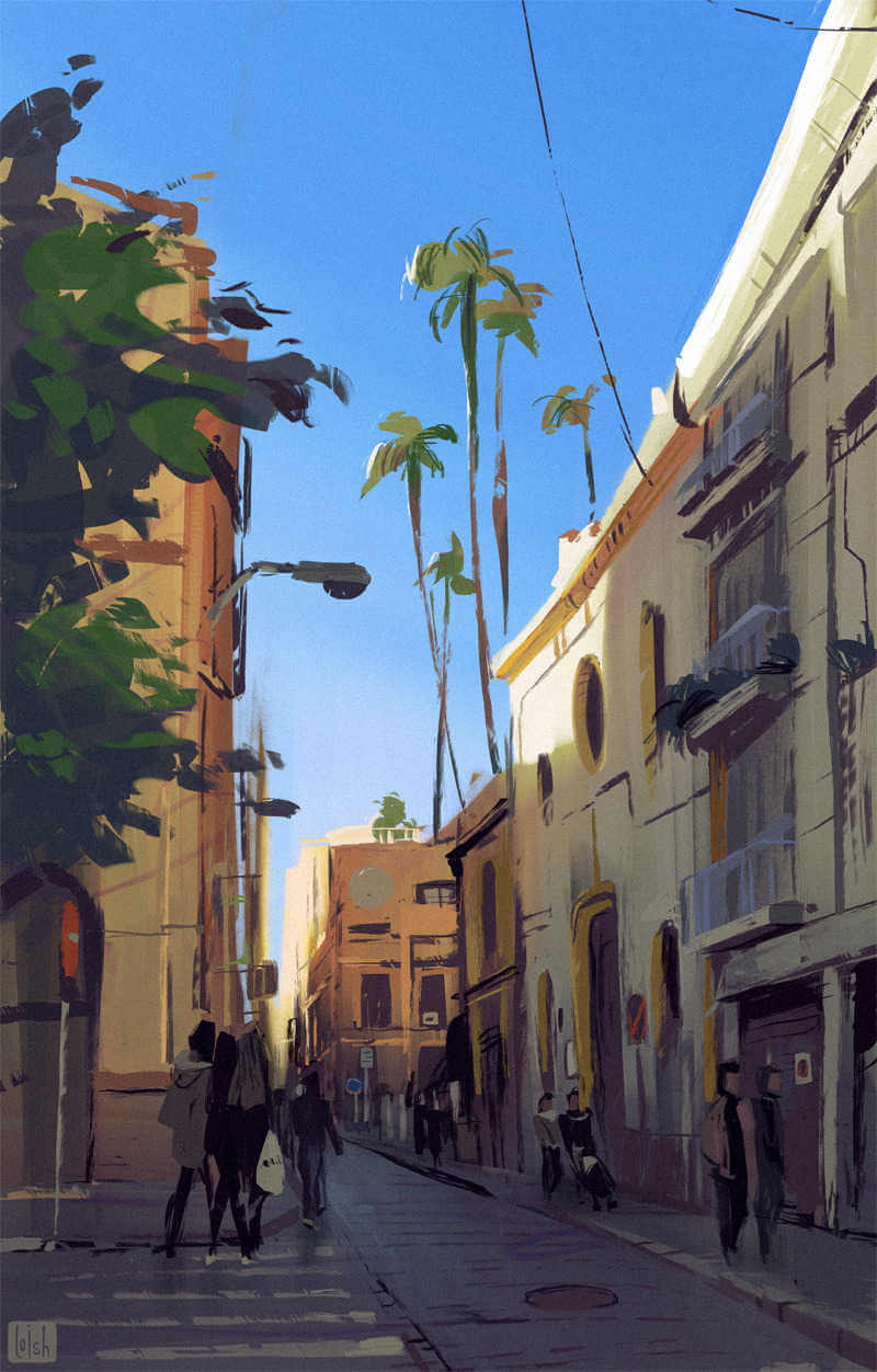 Paisaje callejero ilustrado por la artista loish