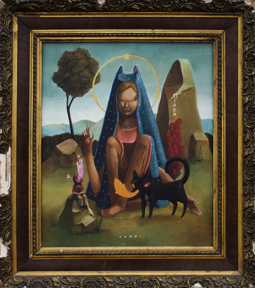 Mujer en el campo con animales en pintura pop art