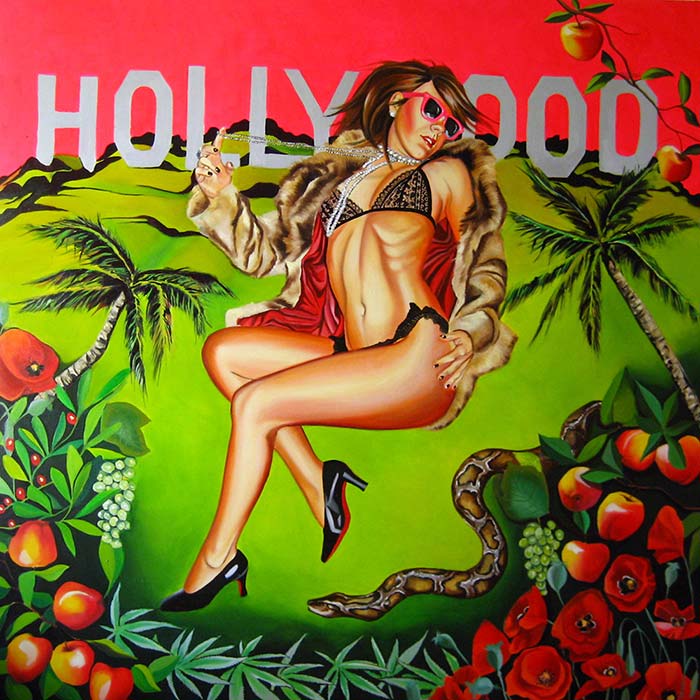 Pintura de mujer sobre la colina de hollywood con una serpiente
