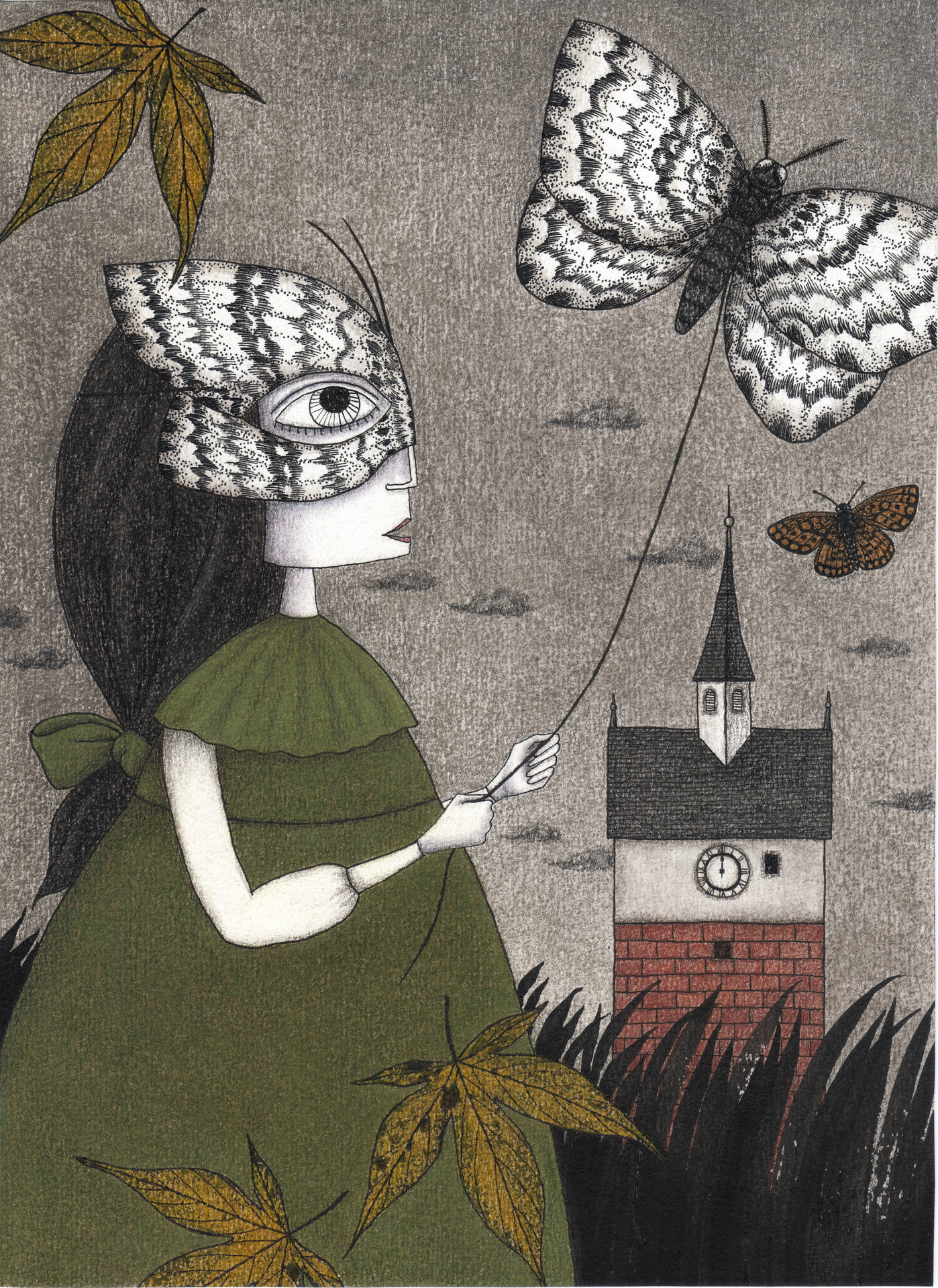 Dibujo de chica volando una cometa