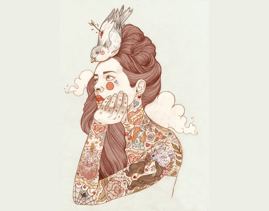 Ilustracion de una bonita chica tatuada de liz clements