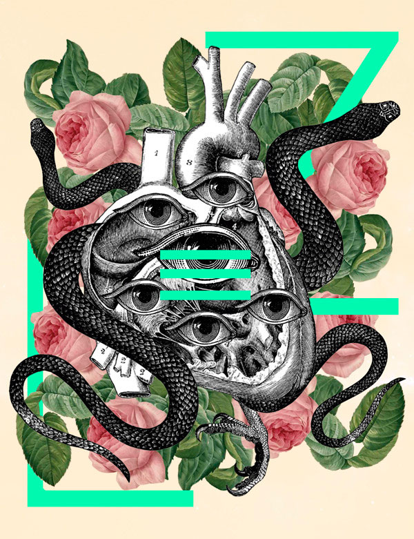 Collage digital con serpientes y plantas de David Fallow