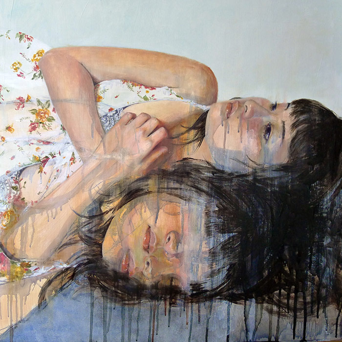 Pintura de una chica acostada y pensativa de Miss Christine Wu