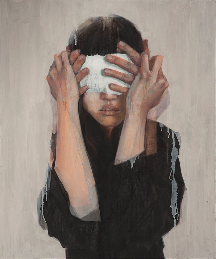 Pintura de chica con ojos cerrados
