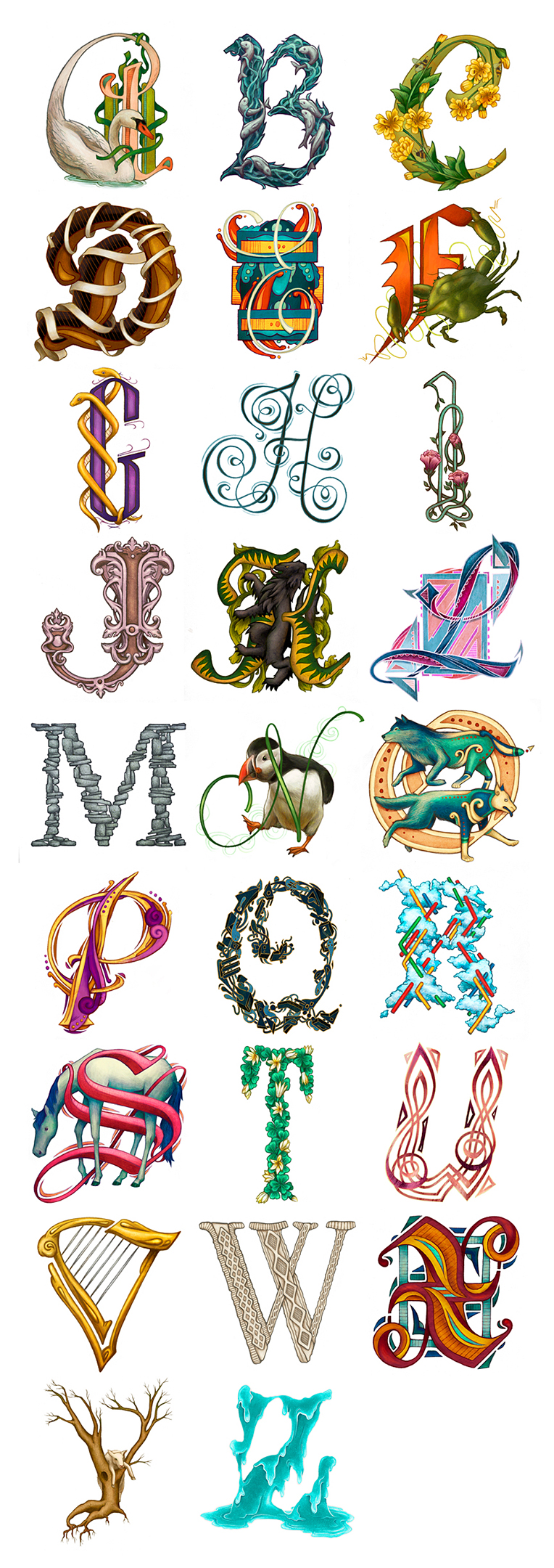 Alfabeto ilustrado con animales y plantas creado por la ilustradora kate-ohara