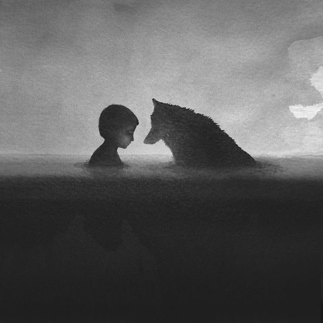 acuarela de niño con un lobo