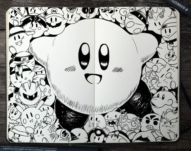 Boceto de kirby dibujado en una agenda