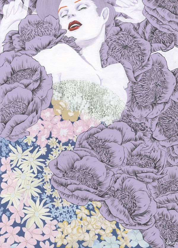 ilustración de chica tumbada sobre rosas