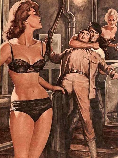Dibujo de una pelea de dons hombres por una mujer con estetica pulp