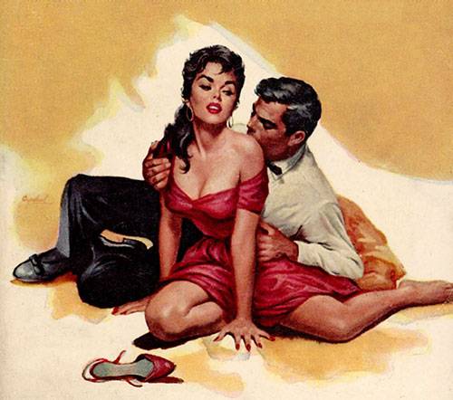 Ilustración de un hmobre seduciendo a una mujer con un beso en el hombro hecha por Charles Copeland