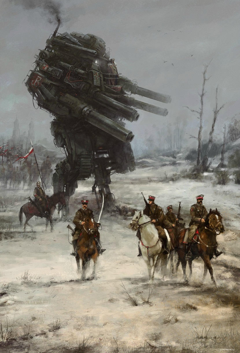 jakub-ralski-pintura de soldados polacos y un robot gigante detrás