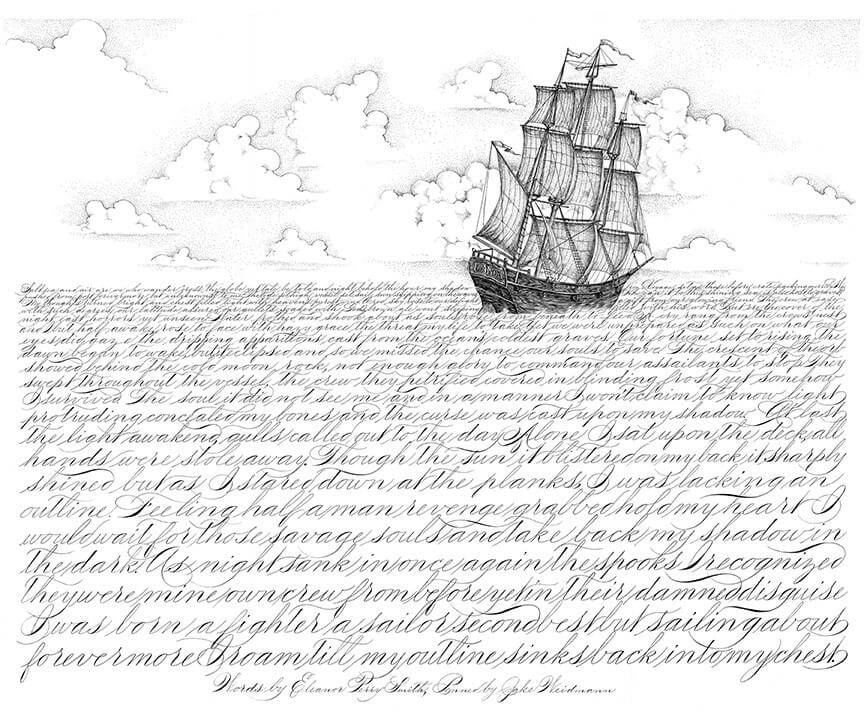 Dibujo de un oceano con un barco a base de caligrafia por jake weidmann pen 5