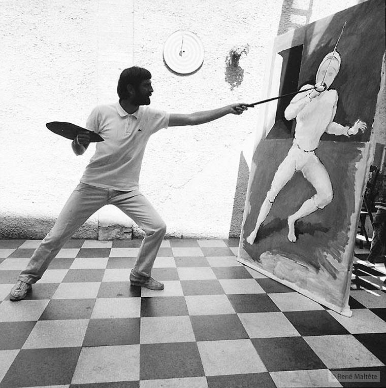 Pintor pintando un cuadro de esgrima por Rene-Maltete
