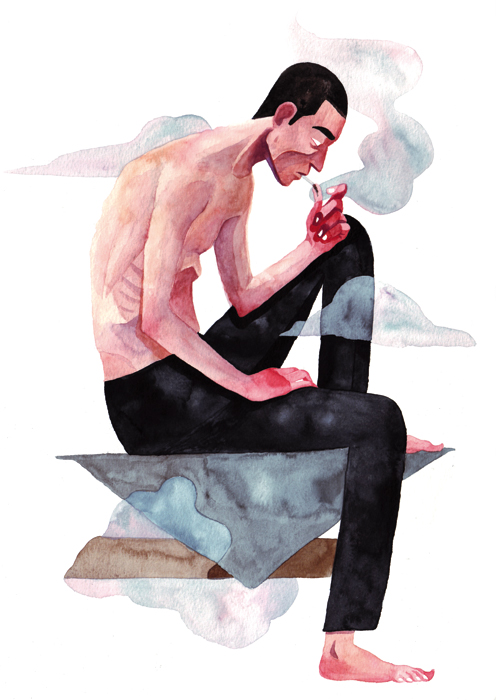 Dibujo de hombre pensando y fumando
