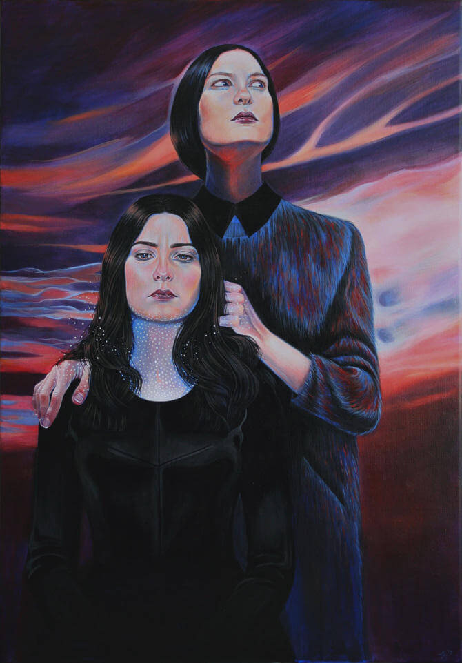 Dibujo oscuro de dos mujeres posando creado por Martine Johanna