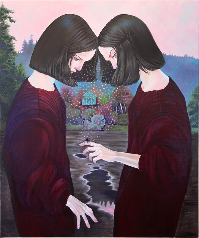 Dibujo de dos niñas frente a frente pintado por Martine Johanna 