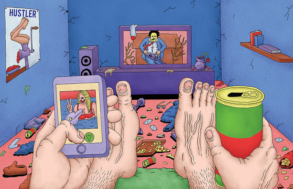 Ilustracion de un hombre viendo la televiosion por alex jenkins