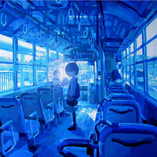 ilustración en acuarela de una niña en un autobús creada por el artista japones Shintaro Ohata 