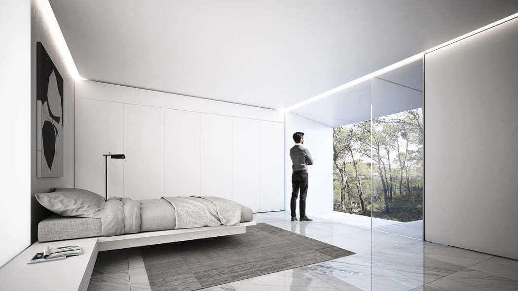 Dormitorio minimalista como ejemplo de diseño de interiores